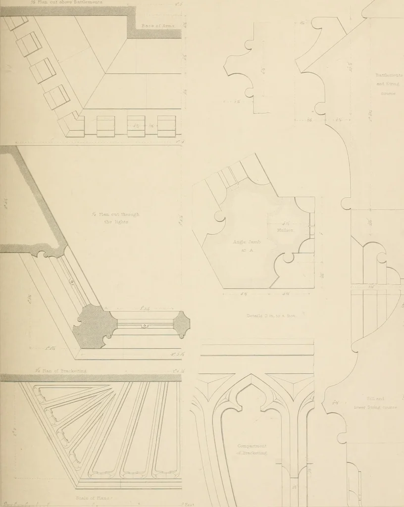 An illustration from Examples of Gothic architecture : selected from various antient edifices in England, consisting of plans, elevations, sections, and parts at large ... accompanied by historical and descriptive accounts, 1838, leaf 190
