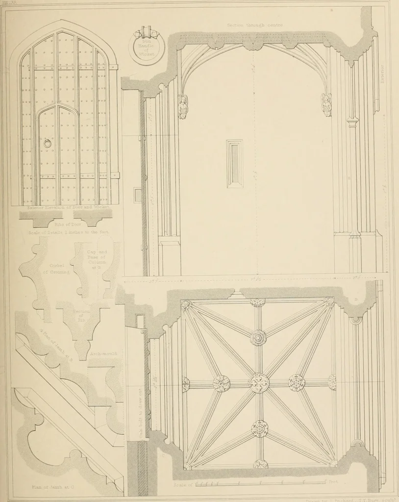 An illustration from Examples of Gothic architecture : selected from various antient edifices in England, consisting of plans, elevations, sections, and parts at large ... accompanied by historical and descriptive accounts, 1838, leaf 192