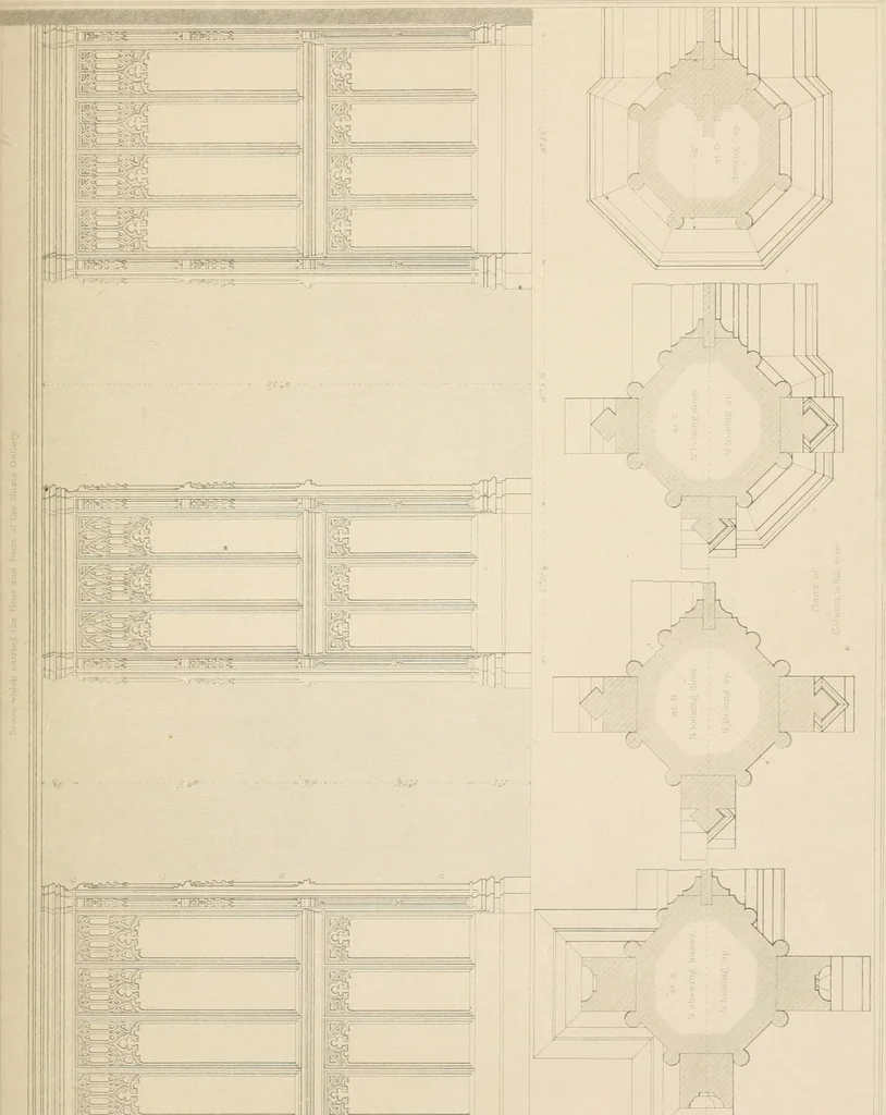 An illustration from Examples of Gothic architecture : selected from various antient edifices in England, consisting of plans, elevations, sections, and parts at large ... accompanied by historical and descriptive accounts, 1838, leaf 200