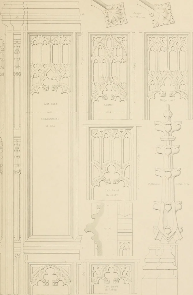 An illustration from Examples of Gothic architecture : selected from various antient edifices in England, consisting of plans, elevations, sections, and parts at large ... accompanied by historical and descriptive accounts, 1838, leaf 202