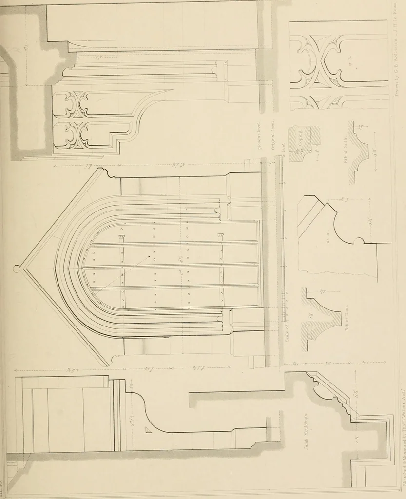 An illustration from Examples of Gothic architecture : selected from various antient edifices in England, consisting of plans, elevations, sections, and parts at large ... accompanied by historical and descriptive accounts, 1838, leaf 212