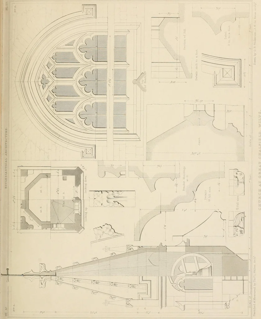 An illustration from Examples of Gothic architecture : selected from various antient edifices in England, consisting of plans, elevations, sections, and parts at large ... accompanied by historical and descriptive accounts, 1838, leaf 214