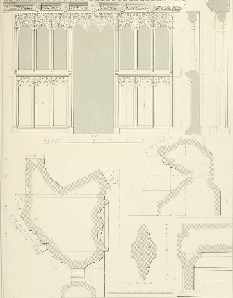 An illustration from Examples of Gothic architecture : selected from various antient edifices in England, consisting of plans, elevations, sections, and parts at large ... accompanied by historical and descriptive accounts, 1838, leaf 216