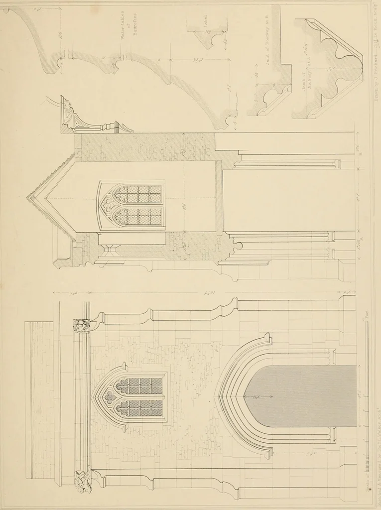 An illustration from Examples of Gothic architecture : selected from various antient edifices in England, consisting of plans, elevations, sections, and parts at large ... accompanied by historical and descriptive accounts, 1838, leaf 240