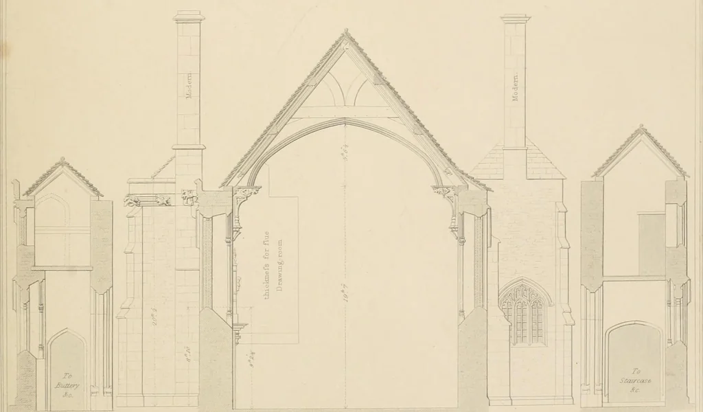 An illustration from Examples of Gothic architecture : selected from various antient edifices in England, consisting of plans, elevations, sections, and parts at large ... accompanied by historical and descriptive accounts, 1838, leaf 246