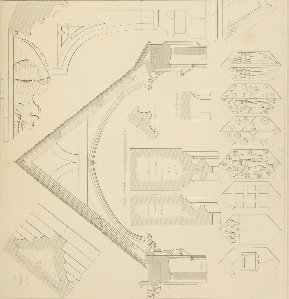 An illustration from Examples of Gothic architecture : selected from various antient edifices in England, consisting of plans, elevations, sections, and parts at large ... accompanied by historical and descriptive accounts, 1838, leaf 248