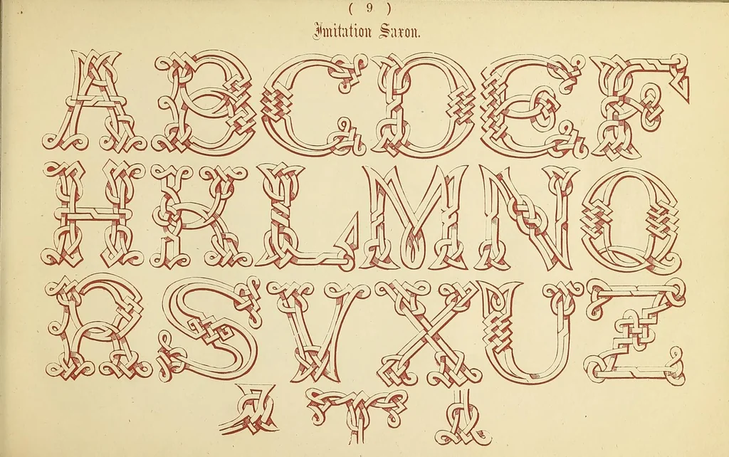 An illustration from Examples of modern alphabets, plain and ornamental, including German, Old English, Saxon, italic,perspective, Greek, Hebrew, court hand, engrossing, Tuscan, riband, Gothic, rustic, and arabesque, with several original designs, and an analysis of the Roman and Old English alphabets, 1872, leaf 27