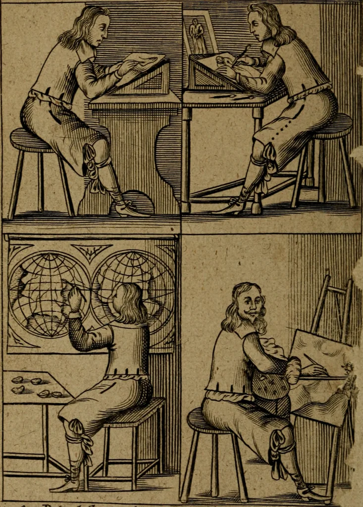 An illustration from The excellency of the pen and pencil, exemplifying the uses of them in the most exquisite and mysterious arts of drawing, etching, engraving, limning, painting in oyl, washing of maps & pictures : also the way to cleanse any old painting, and preserve the colours : collected from the writings of the ablest masters both antient and modern .., 1688, leaf 9