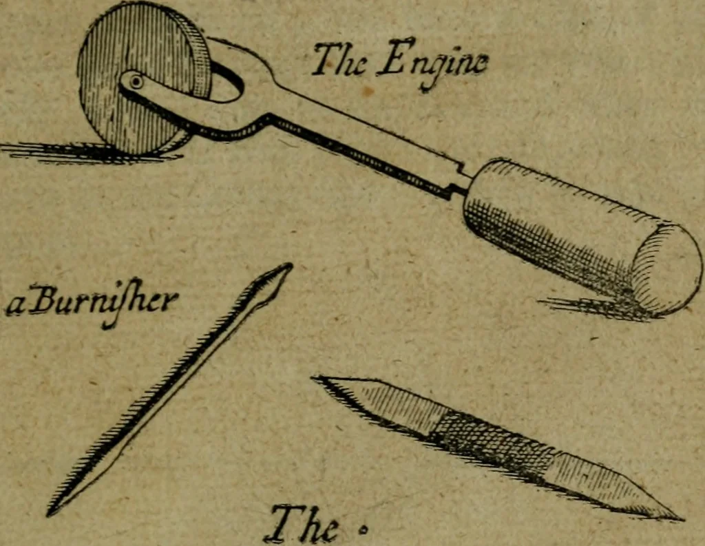 An illustration from The excellency of the pen and pencil, exemplifying the uses of them in the most exquisite and mysterious arts of drawing, etching, engraving, limning, painting in oyl, washing of maps & pictures : also the way to cleanse any old painting, and preserve the colours : collected from the writings of the ablest masters both antient and modern .., 1688, leaf 94