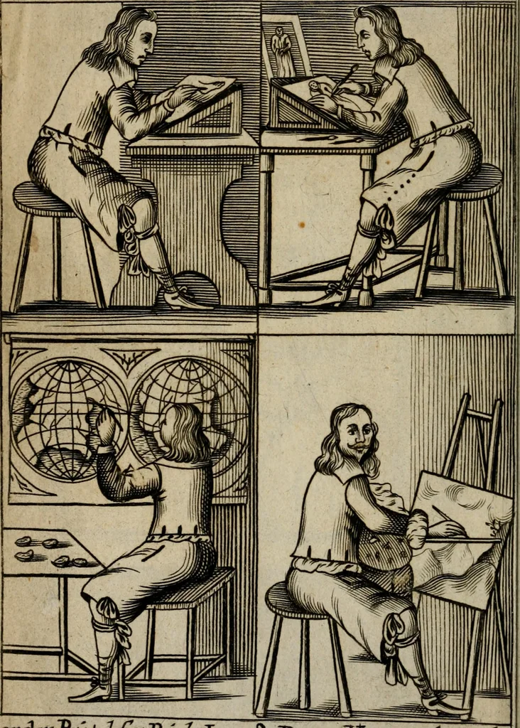 An illustration from The excellency of the pen and pencil, exemplifying the uses of them in the most exquisite and mysterious arts of drawing, etching, engraving, limning. Painting in oyl, washing of maps & pictures. Also the way to cleanse any old painting, and preserve the colours. Collected from the writings of the ablest masters, both antient and modern, as Albert Durer, P. Lomantius, and divers others. Furnished with divers cuts in copper, being copied from the best masters, and here inserted for examples for the learner to practice by .., 1668, leaf 3