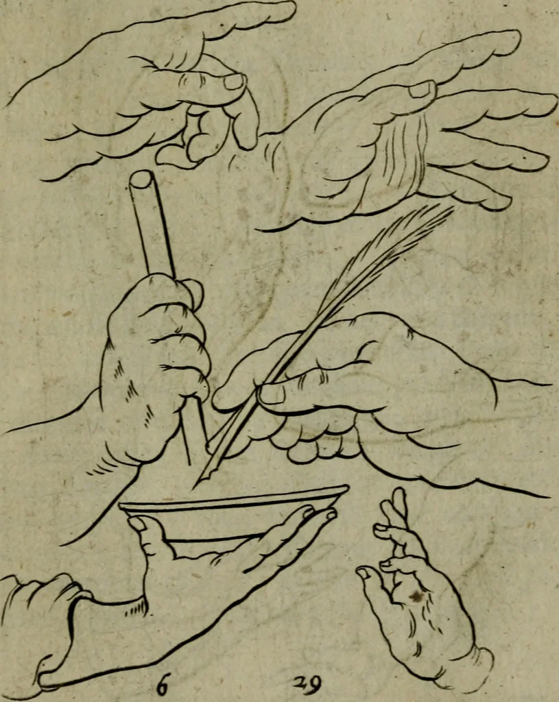 An illustration from The excellency of the pen and pencil, exemplifying the uses of them in the most exquisite and mysterious arts of drawing, etching, engraving, limning. Painting in oyl, washing of maps & pictures. Also the way to cleanse any old painting, and preserve the colours. Collected from the writings of the ablest masters, both antient and modern, as Albert Durer, P. Lomantius, and divers others. Furnished with divers cuts in copper, being copied from the best masters, and here inserted for examples for the learner to practice by .., 1668, leaf 50