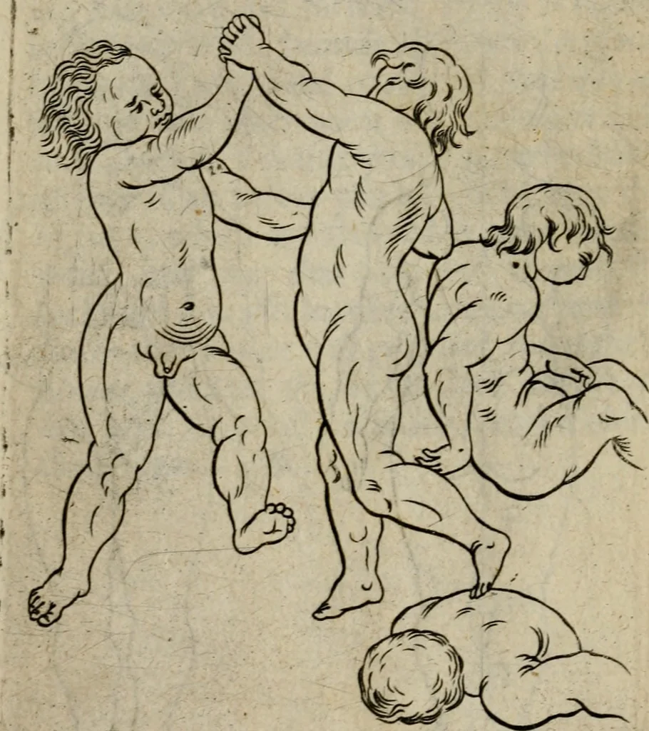 An illustration from The excellency of the pen and pencil, exemplifying the uses of them in the most exquisite and mysterious arts of drawing, etching, engraving, limning. Painting in oyl, washing of maps & pictures. Also the way to cleanse any old painting, and preserve the colours. Collected from the writings of the ablest masters, both antient and modern, as Albert Durer, P. Lomantius, and divers others. Furnished with divers cuts in copper, being copied from the best masters, and here inserted for examples for the learner to practice by .., 1668, leaf 59