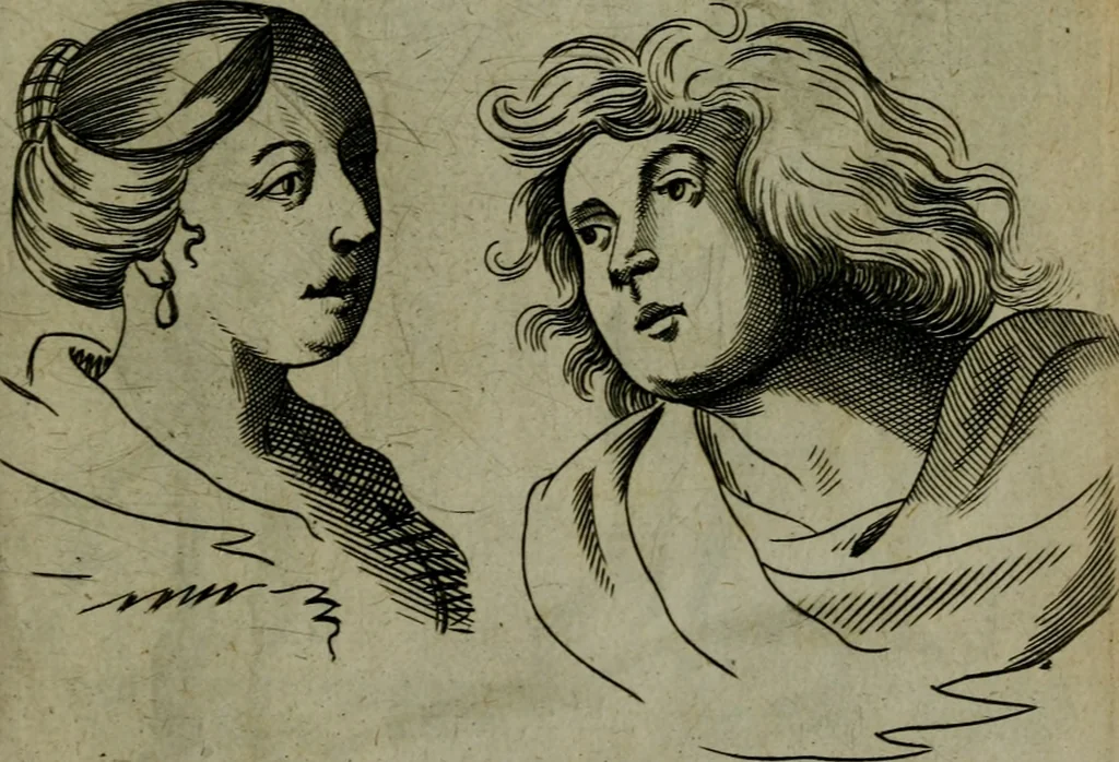An illustration from The excellency of the pen and pencil, exemplifying the uses of them in the most exquisite and mysterious arts of drawing, etching, engraving, limning. Painting in oyl, washing of maps & pictures. Also the way to cleanse any old painting, and preserve the colours. Collected from the writings of the ablest masters, both antient and modern, as Albert Durer, P. Lomantius, and divers others. Furnished with divers cuts in copper, being copied from the best masters, and here inserted for examples for the learner to practice by .., 1668, leaf 64