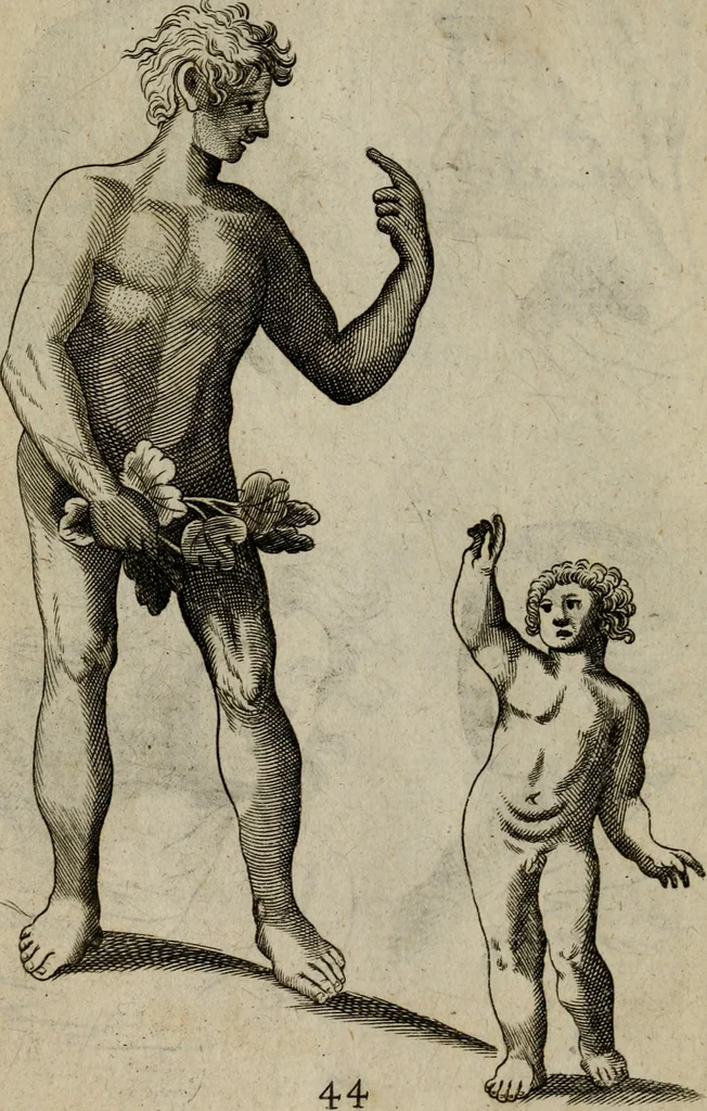 An illustration from The excellency of the pen and pencil, exemplifying the uses of them in the most exquisite and mysterious arts of drawing, etching, engraving, limning. Painting in oyl, washing of maps & pictures. Also the way to cleanse any old painting, and preserve the colours. Collected from the writings of the ablest masters, both antient and modern, as Albert Durer, P. Lomantius, and divers others. Furnished with divers cuts in copper, being copied from the best masters, and here inserted for examples for the learner to practice by .., 1668, leaf 65