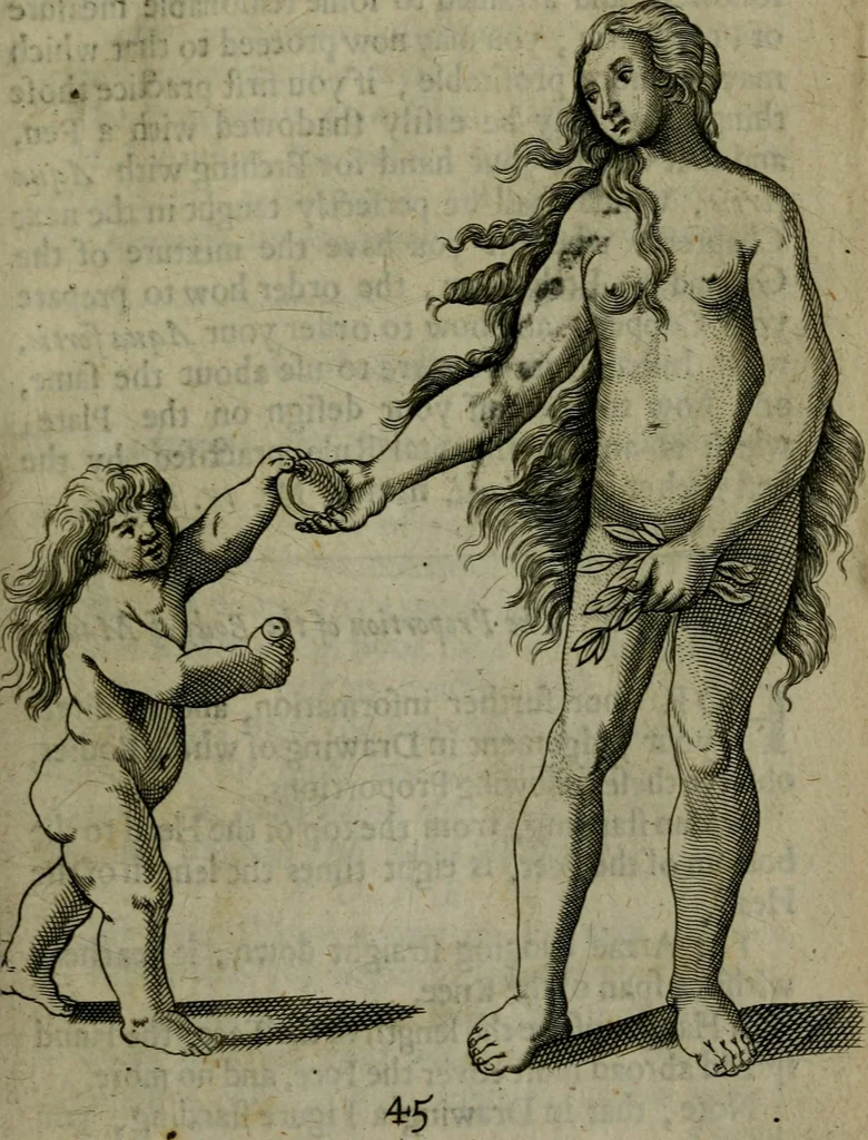 An illustration from The excellency of the pen and pencil, exemplifying the uses of them in the most exquisite and mysterious arts of drawing, etching, engraving, limning. Painting in oyl, washing of maps & pictures. Also the way to cleanse any old painting, and preserve the colours. Collected from the writings of the ablest masters, both antient and modern, as Albert Durer, P. Lomantius, and divers others. Furnished with divers cuts in copper, being copied from the best masters, and here inserted for examples for the learner to practice by .., 1668, leaf 66