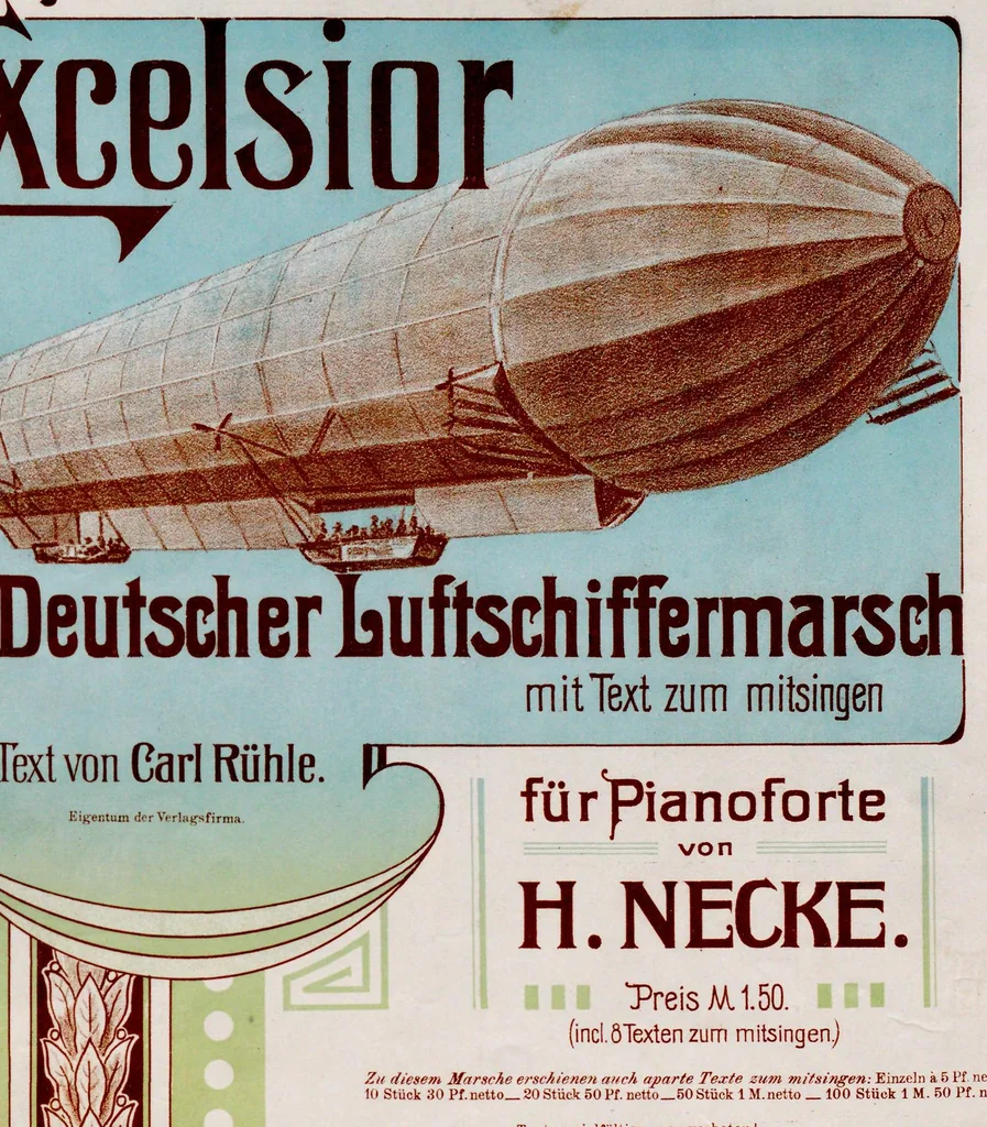 An illustration from Excelsior : Deutscher Luftschiffermarsch mit Text zum mitsingen : für Pianoforte, 1913, leaf 1
