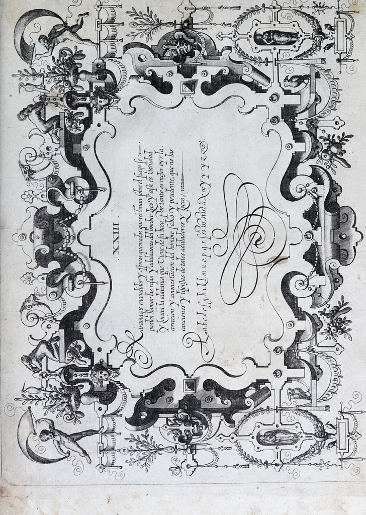 An illustration from Exercitatio alphabetica nova et utilissima, variis expressa lingvis et characteribvs : raris ornamentis, vmbris & recessibvs, picture̦, architecturaeque speciosa : nusquam ante hac edita, 1569, leaf 49