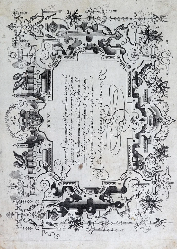An illustration from Exercitatio alphabetica nova et utilissima, variis expressa lingvis et characteribvs : raris ornamentis, vmbris & recessibvs, picture̦, architecturaeque speciosa : nusquam ante hac edita, 1569, leaf 53