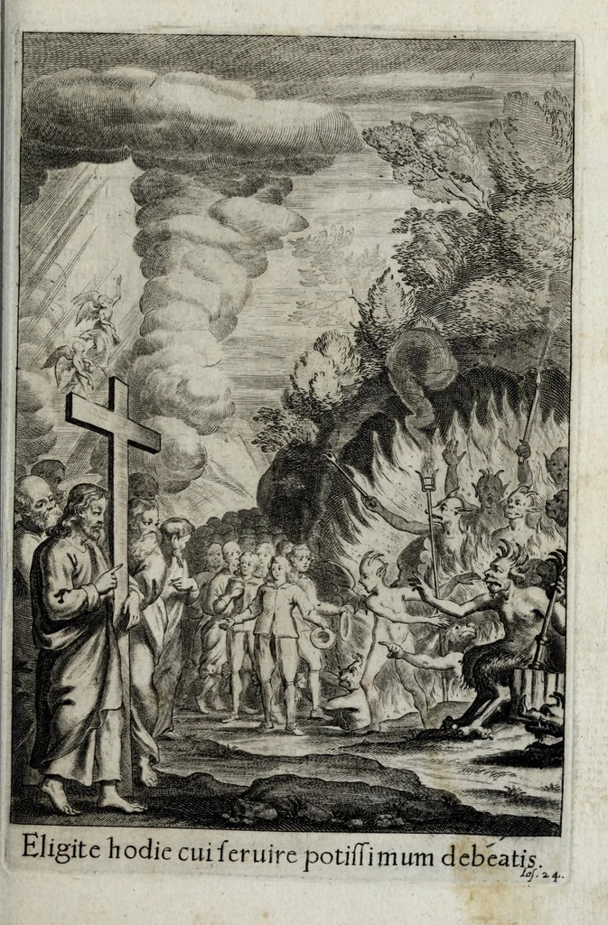 An illustration from Exercitia spiritualia S. Ignatij Loyolae, Societatis Iesu fundatoris : cum breui instructione meditandi ex ipsismet exercitijs deprompta : et breue sanctissimi D.N. Alexandri VII de indulgentia plenaria pro ijs, qui exercentur, 1663, leaf 133