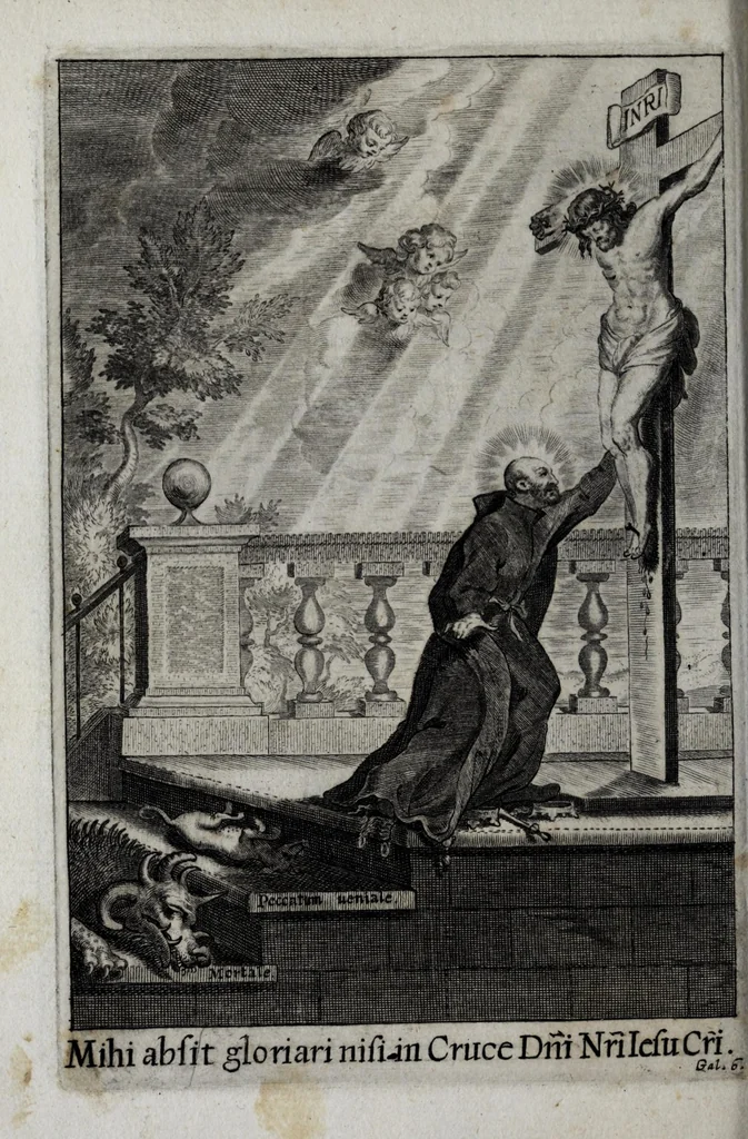 An illustration from Exercitia spiritualia S. Ignatij Loyolae, Societatis Iesu fundatoris : cum breui instructione meditandi ex ipsismet exercitijs deprompta : et breue sanctissimi D.N. Alexandri VII de indulgentia plenaria pro ijs, qui exercentur, 1663, leaf 142