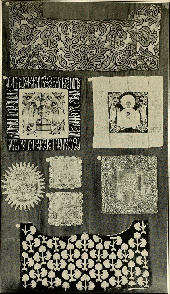 An illustration from Exhibition of national Russian art, 17th, 18th and early 19th centuries : peasant embroideries, costumes, headdresses, hand-woven materials, laces, ikons, articles of silver, copper, etc., 1900, leaf 22
