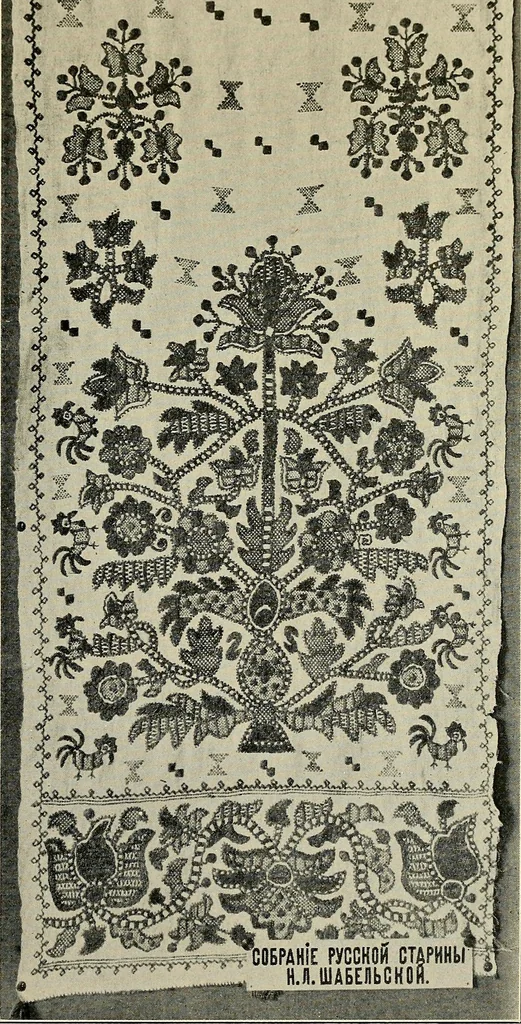 An illustration from Exhibition of national Russian art, 17th, 18th and early 19th centuries : peasant embroideries, costumes, headdresses, hand-woven materials, laces, ikons, articles of silver, copper, etc., 1900, leaf 26