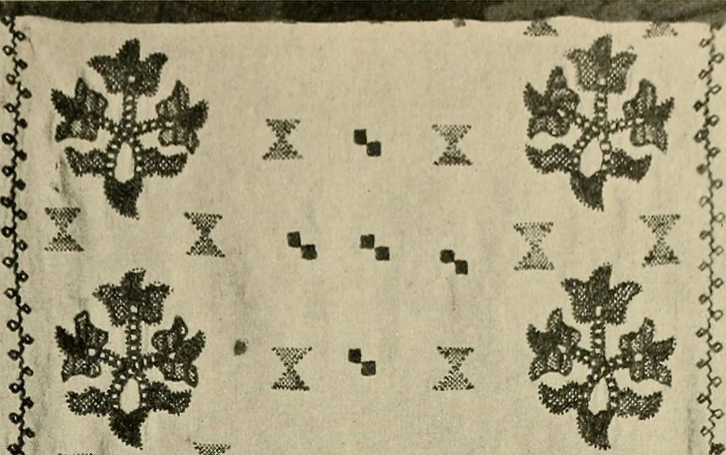 An illustration from Exhibition of national Russian art, 17th, 18th and early 19th centuries : peasant embroideries, costumes, headdresses, hand-woven materials, laces, ikons, articles of silver, copper, etc., 1900, leaf 26