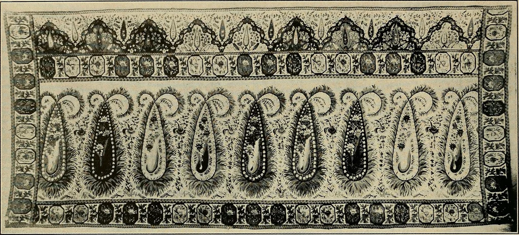 An illustration from Exhibition of national Russian art, 17th, 18th and early 19th centuries : peasant embroideries, costumes, headdresses, hand-woven materials, laces, ikons, articles of silver, copper, etc., 1900, leaf 27