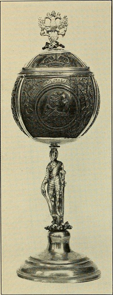 An illustration from Exhibition of national Russian art, 17th, 18th and early 19th centuries : peasant embroideries, costumes, headdresses, hand-woven materials, laces, ikons, articles of silver, copper, etc., 1900, leaf 31