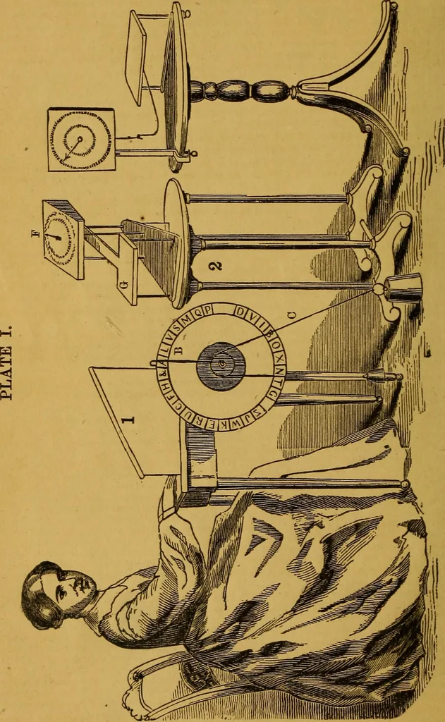 An illustration from Experimental investigation of the spirit manifestations : demonstrating the existence of spirits and their communion with mortals : doctrine of the spirit world respecting heaven, hell, morality, and God : also, the influence of Scripture on the morals of Christians, 1855, leaf 8