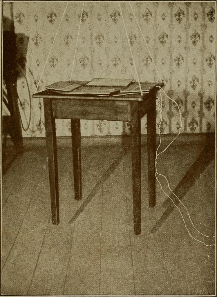 An illustration from Experiments in psychical science : levitation, contact, and the direct voice, 1919, leaf 179