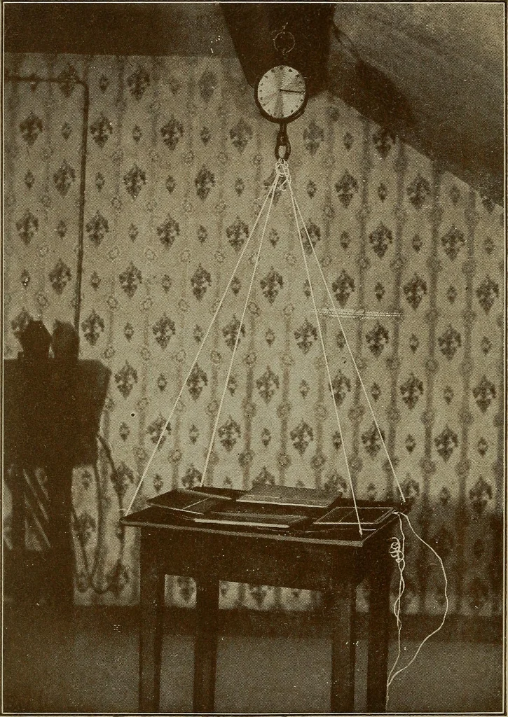 An illustration from Experiments in psychical science : levitation, contact, and the direct voice, 1919, leaf 182