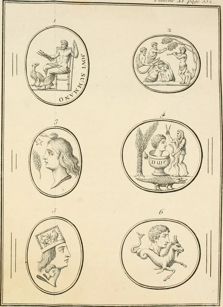 An illustration from Explication de divers monumens singuliers, qui ont rapport a la religion des plus anciens peuples : avec l'examen de la derniere edition des ouvrages de S. Jerôme, & un traité sur l'astrologie judiciaire : ouvrage enrichi de figures en taille-douce, 1739, leaf 429