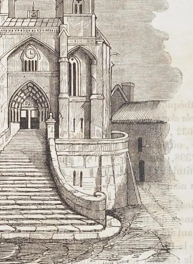 An illustration from Explication de la Danse des morts de la Chaise-Dieu, fresque inédite du XVe siècle, précédée de quelques détails sur les autres monumens de ce genre, par Achille Jubinal., 1841, leaf 24