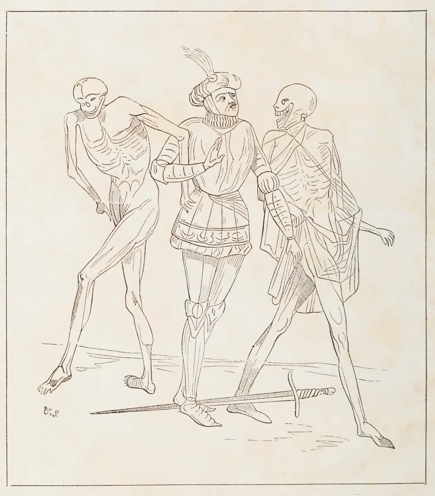 An illustration from Explication de la Danse des morts de la Chaise-Dieu, fresque inédite du XVe siècle, précédée de quelques détails sur les autres monumens de ce genre, par Achille Jubinal., 1841, leaf 8