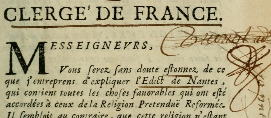 An illustration from Explication de l'Edict de Nantes, par les avtres edicts de pacification, declarations & arrests de reglement, 1666, leaf 7