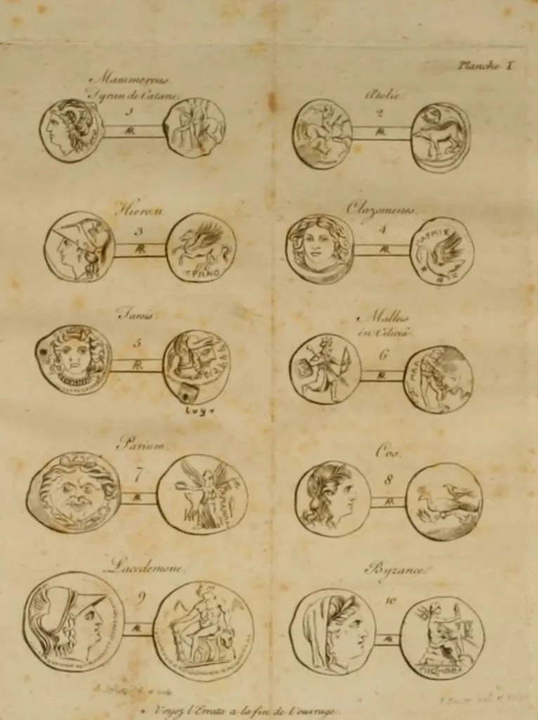 An illustration from Explication de quelques medailles de peuples, de villes, et de rois grecques & pheniciennes, 1773, leaf 44