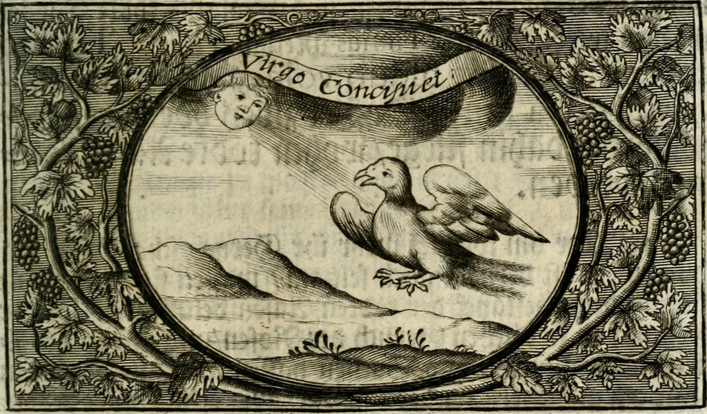 An illustration from Eyfer-schallende und andacht-funcklende marianische Lob-Trompeten, oder, Uber der glorwürdigsten Himmels-Königin Mariae vornehmste Feste : als dero heilwärtige Empfängnuss, erfreuliche Geburt löbliche Opferung ... Sinn-Bildern gezierte Lob-Reden ..., 1696, leaf 186