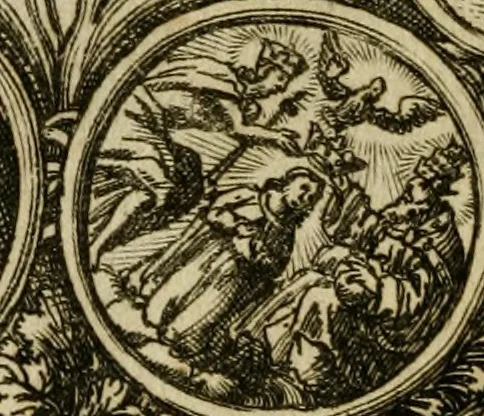An illustration from Eyfer-schallende und andacht-funcklende marianische Lob-Trompeten, oder, Uber der glorwürdigsten Himmels-Königin Mariae vornehmste Feste : als dero heilwärtige Empfängnuss, erfreuliche Geburt löbliche Opferung ... Sinn-Bildern gezierte Lob-Reden ..., 1696, leaf 5