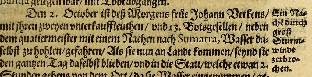 An illustration from Eylffter Schiffart ander Theil, oder Kurtzer Verfolg vnd Continuirung der Reyse, so von den Holl- vnd Seeländen in die Ost-Indien mit neun grossen vnd vier kleinen Schiffen vom 1607. biss in das 1612. Jahr, vnter der Admiralschafft Peter Wilhelm Verhuffen verrichtet worden, beneben etlichen Colloquien vnd Gesprechen, in Teutscher, Malaischer vnd Madagascarischer Sprach beschrieben, allen so der Ost-Indianischen Reyse sich gebrauchen, fast nutz vnd notwendig zu lesen &c., 1613, leaf 61