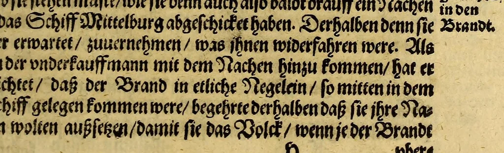 An illustration from Eylffter Schiffart ander Theil, oder Kurtzer Verfolg vnd Continuirung der Reyse, so von den Holl- vnd Seeländen in die Ost-Indien mit neun grossen vnd vier kleinen Schiffen vom 1607. biss in das 1612. Jahr, vnter der Admiralschafft Peter Wilhelm Verhuffen verrichtet worden, beneben etlichen Colloquien vnd Gesprechen, in Teutscher, Malaischer vnd Madagascarischer Sprach beschrieben, allen so der Ost-Indianischen Reyse sich gebrauchen, fast nutz vnd notwendig zu lesen &c., 1613, leaf 71