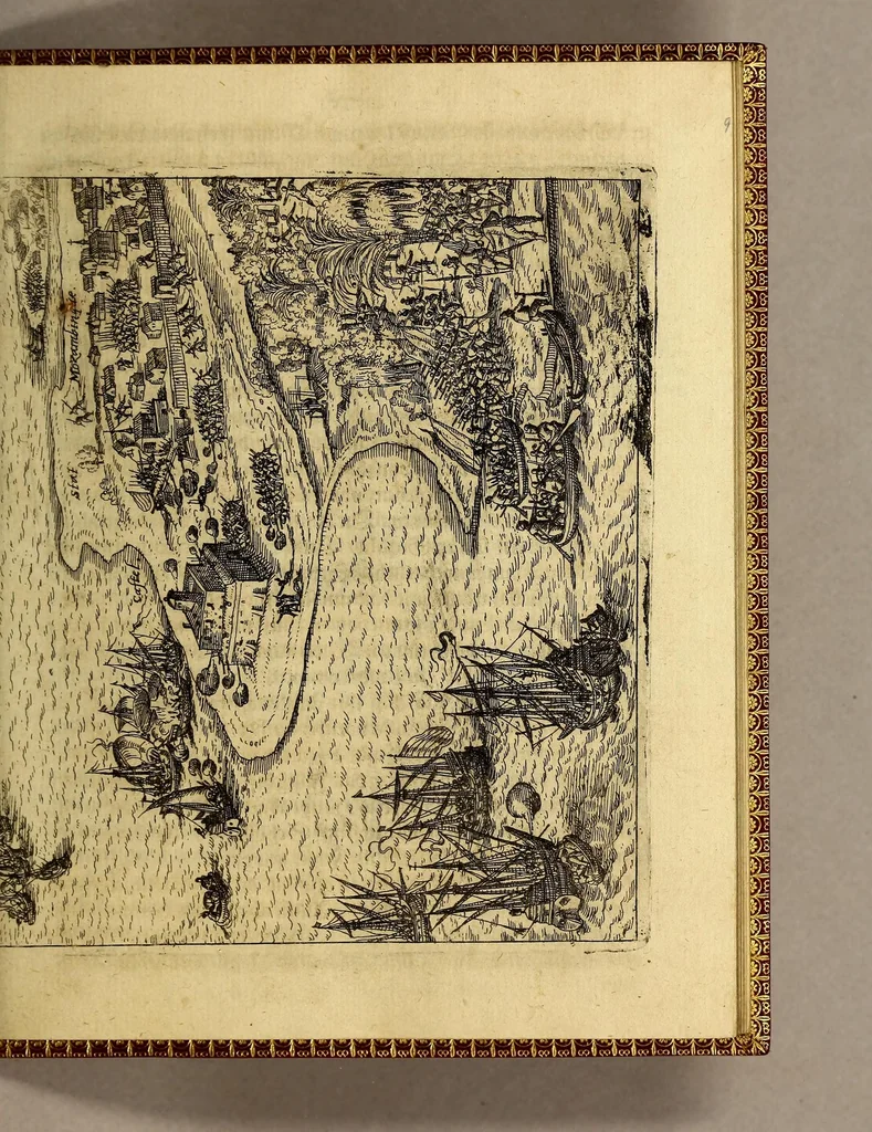 An illustration from Eylffte Schiffart, oder Kurtze Beschreibung einer Reyse, so von den Holländern vnd Seeländern, in die Ost Indien, mit neun grossen vnd vier kleinen Jagschiffen, vnder der Admiralschafft Peter Wilhelm Verhuffen, &c. in Jahren 1607. 1608. vnd 1609. verrichtet worden, neben vermeldung, was jhnen sonderlich begegnet sey., 1623, leaf 39