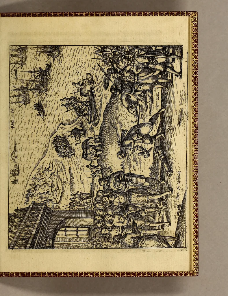 An illustration from Eylffte Schiffart, oder Kurtze Beschreibung einer Reyse, so von den Holländern vnd Seeländern, in die Ost Indien, mit neun grossen vnd vier kleinen Jagschiffen, vnder der Admiralschafft Peter Wilhelm Verhuffen, &c. in Jahren 1607. 1608. vnd 1609. verrichtet worden, neben vermeldung, was jhnen sonderlich begegnet sey., 1623, leaf 65