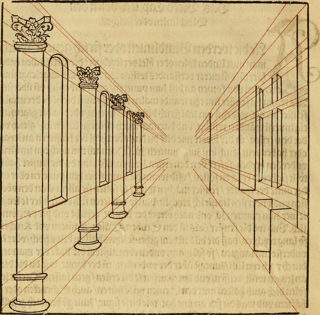An illustration from Eyn schön nützlich Büchlin vnd Vnderweisung der Kunst des Messens mit dem Zirckel, Richtscheidt oder Linial : zu nutz allen Kunstliebhabern fürnemlich den Malern, Bildhawern, Goldschmiden, Seidenstikern, Steynmetzen, Scheinern auch allen Andern so sich der Kunst des Messens (Perspectiua zü latin gnant) zügebrauchen Lust haben : darin Man auch solche Kunst leichter dan ausz etzlichen hieuorgetruckten Büchern begreiffen vn lernen mag mit vil [i.e., 56] schönen darzü dienenden Figuren, 1531, leaf 15