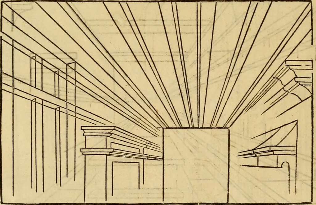 An illustration from Eyn schön nützlich Büchlin vnd Vnderweisung der Kunst des Messens mit dem Zirckel, Richtscheidt oder Linial : zu nutz allen Kunstliebhabern fürnemlich den Malern, Bildhawern, Goldschmiden, Seidenstikern, Steynmetzen, Scheinern auch allen Andern so sich der Kunst des Messens (Perspectiua zü latin gnant) zügebrauchen Lust haben : darin Man auch solche Kunst leichter dan ausz etzlichen hieuorgetruckten Büchern begreiffen vn lernen mag mit vil [i.e., 56] schönen darzü dienenden Figuren, 1531, leaf 27
