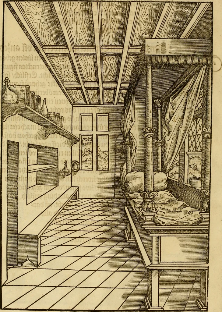 An illustration from Eyn schön nützlich Büchlin vnd Vnderweisung der Kunst des Messens mit dem Zirckel, Richtscheidt oder Linial : zu nutz allen Kunstliebhabern fürnemlich den Malern, Bildhawern, Goldschmiden, Seidenstikern, Steynmetzen, Scheinern auch allen Andern so sich der Kunst des Messens (Perspectiua zü latin gnant) zügebrauchen Lust haben : darin Man auch solche Kunst leichter dan ausz etzlichen hieuorgetruckten Büchern begreiffen vn lernen mag mit vil [i.e., 56] schönen darzü dienenden Figuren, 1531, leaf 31
