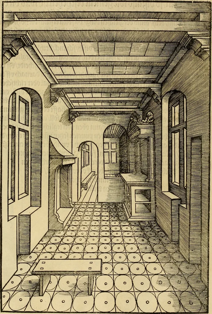 An illustration from Eyn schön nützlich Büchlin vnd Vnderweisung der Kunst des Messens mit dem Zirckel, Richtscheidt oder Linial : zu nutz allen Kunstliebhabern fürnemlich den Malern, Bildhawern, Goldschmiden, Seidenstikern, Steynmetzen, Scheinern auch allen Andern so sich der Kunst des Messens (Perspectiua zü latin gnant) zügebrauchen Lust haben : darin Man auch solche Kunst leichter dan ausz etzlichen hieuorgetruckten Büchern begreiffen vn lernen mag mit vil [i.e., 56] schönen darzü dienenden Figuren, 1531, leaf 33