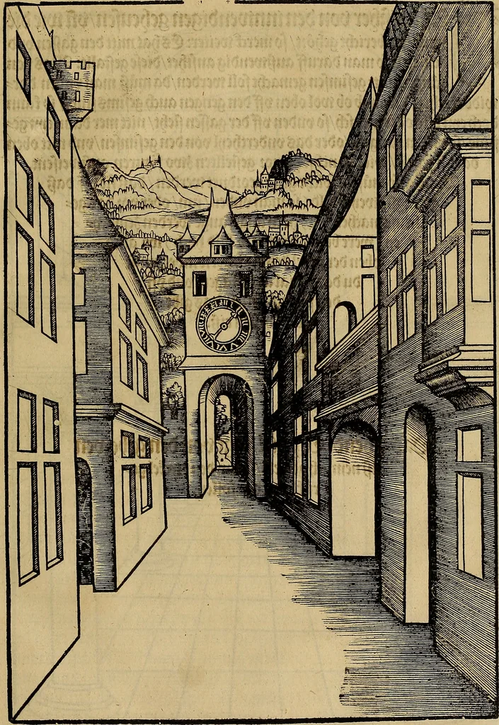 An illustration from Eyn schön nützlich Büchlin vnd Vnderweisung der Kunst des Messens mit dem Zirckel, Richtscheidt oder Linial : zu nutz allen Kunstliebhabern fürnemlich den Malern, Bildhawern, Goldschmiden, Seidenstikern, Steynmetzen, Scheinern auch allen Andern so sich der Kunst des Messens (Perspectiua zü latin gnant) zügebrauchen Lust haben : darin Man auch solche Kunst leichter dan ausz etzlichen hieuorgetruckten Büchern begreiffen vn lernen mag mit vil [i.e., 56] schönen darzü dienenden Figuren, 1531, leaf 36
