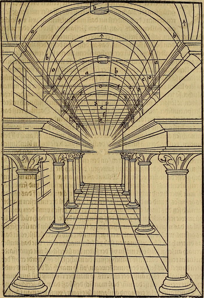 An illustration from Eyn schön nützlich Büchlin vnd Vnderweisung der Kunst des Messens mit dem Zirckel, Richtscheidt oder Linial : zu nutz allen Kunstliebhabern fürnemlich den Malern, Bildhawern, Goldschmiden, Seidenstikern, Steynmetzen, Scheinern auch allen Andern so sich der Kunst des Messens (Perspectiua zü latin gnant) zügebrauchen Lust haben : darin Man auch solche Kunst leichter dan ausz etzlichen hieuorgetruckten Büchern begreiffen vn lernen mag mit vil [i.e., 56] schönen darzü dienenden Figuren, 1531, leaf 38