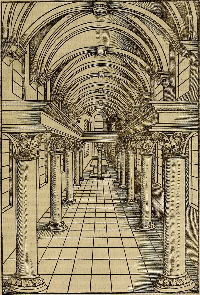 An illustration from Eyn schön nützlich Büchlin vnd Vnderweisung der Kunst des Messens mit dem Zirckel, Richtscheidt oder Linial : zu nutz allen Kunstliebhabern fürnemlich den Malern, Bildhawern, Goldschmiden, Seidenstikern, Steynmetzen, Scheinern auch allen Andern so sich der Kunst des Messens (Perspectiua zü latin gnant) zügebrauchen Lust haben : darin Man auch solche Kunst leichter dan ausz etzlichen hieuorgetruckten Büchern begreiffen vn lernen mag mit vil [i.e., 56] schönen darzü dienenden Figuren, 1531, leaf 40